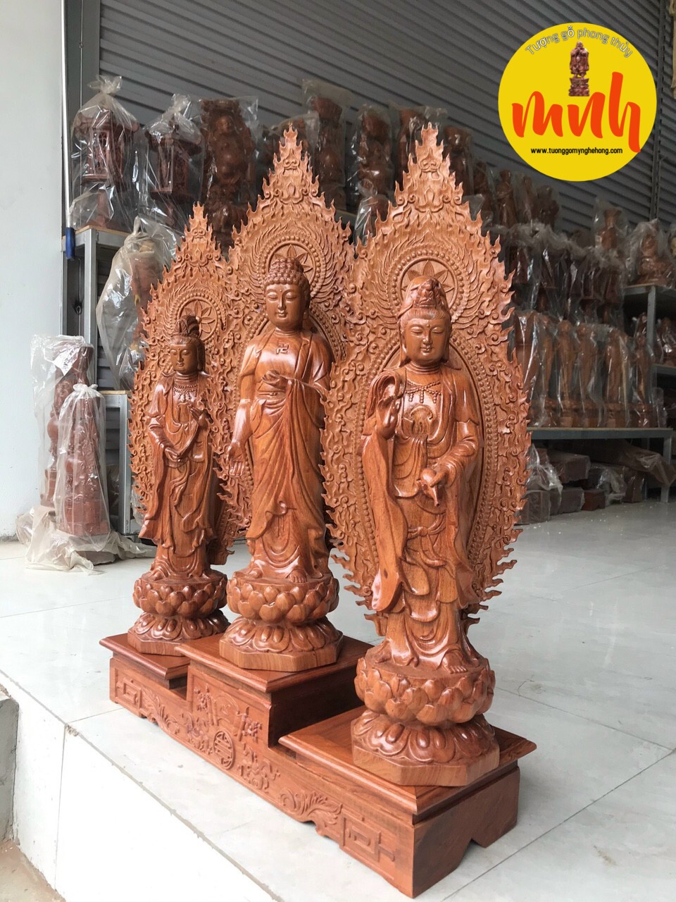 Bộ Tượng Tây Phương Tam Thánh Phật Gỗ Hương Cao 40cm